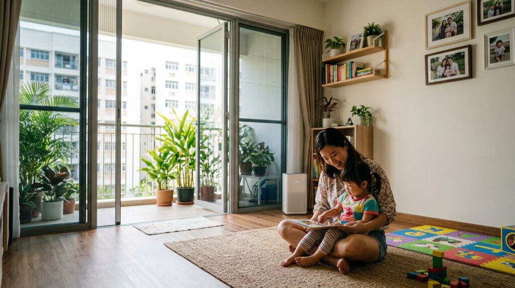 A family in a bright, well-ventilated living room in a Singapore home