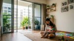 A family in a bright, well-ventilated living room in a Singapore home
