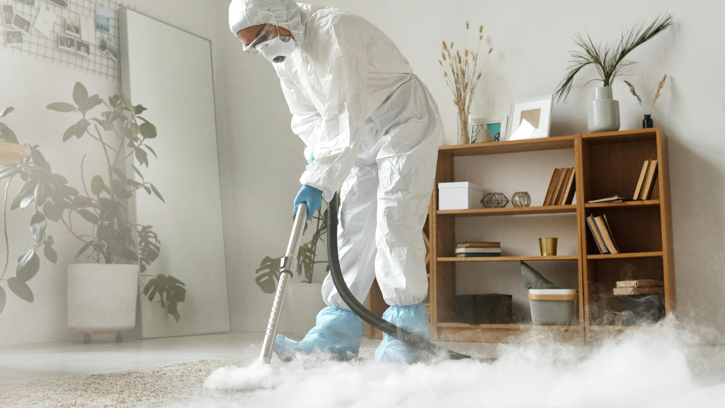 Professional disinfection team using ULV fogging equipment to spray disinfectant in commercial space