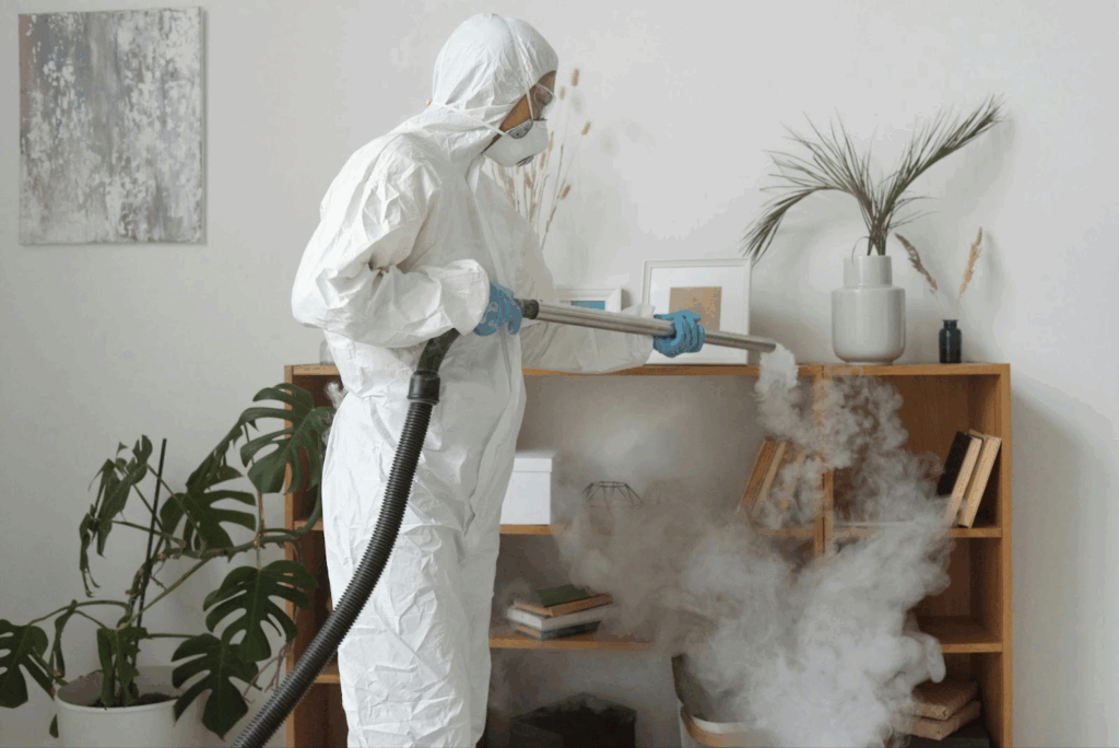 Person in full PPE fumigating furniture