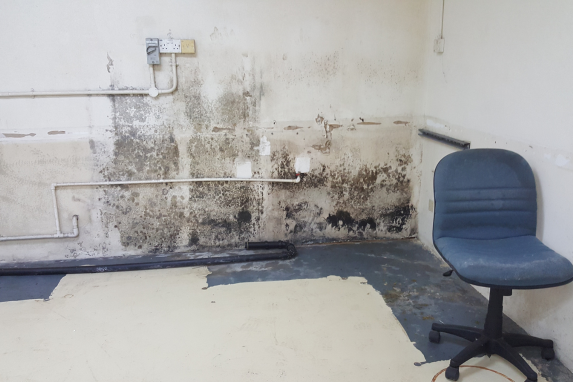 Peeling paint and plaster on wall showing signs of mold damage in Singapore home