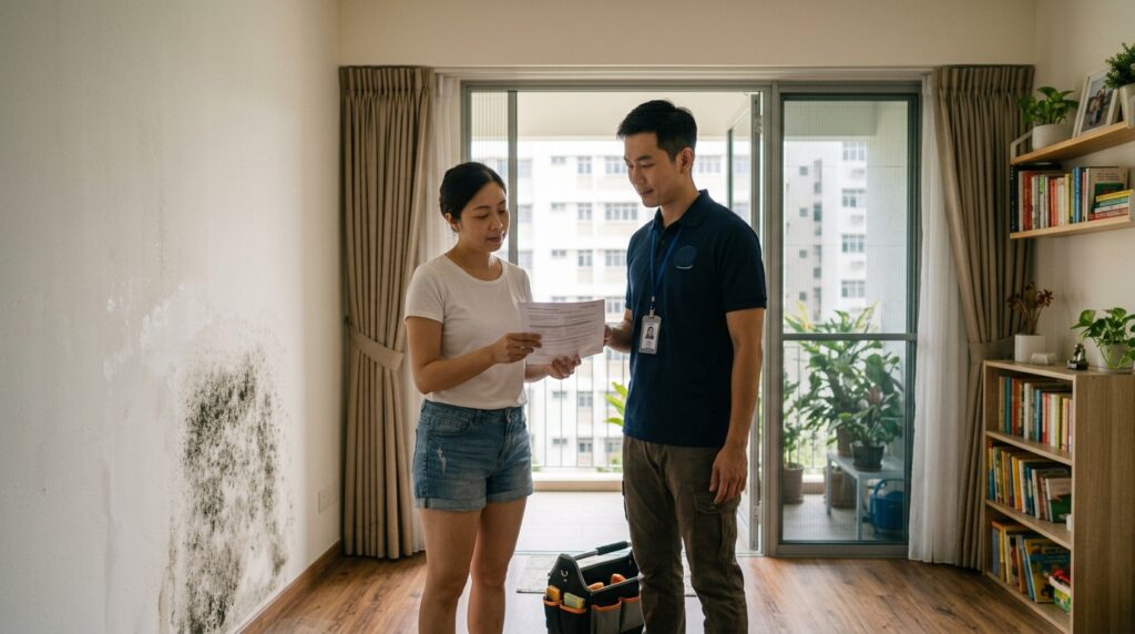 A mold remediation technician reviewing a quote with a homeowner in Singapore
