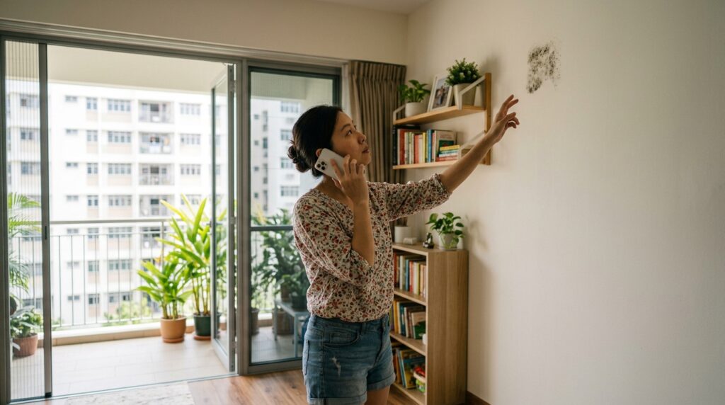 A homeowner assessing a mold patch before calling a professional in Singapore