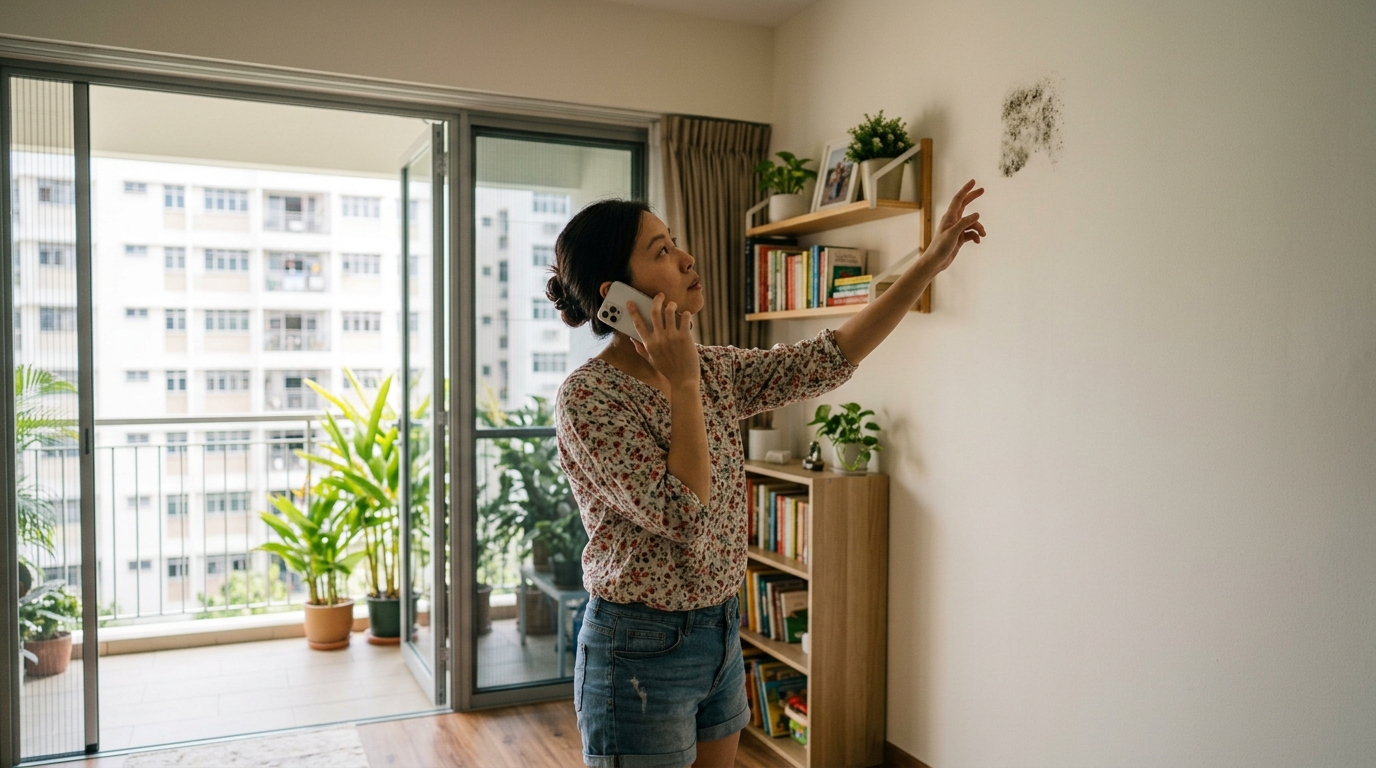 A homeowner assessing a mold patch before calling a professional in Singapore